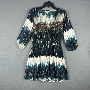 Pinky Women's Size M Abstract Tie-Dye‎ Wrap V-Neck 3/4 Sleeve Mini Dress